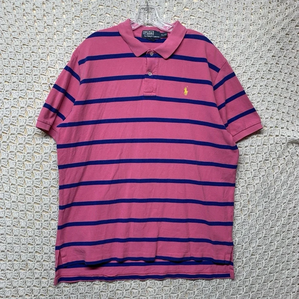 Vtg Polo Ralph Lauren Polo Shirt Men‎ XL Pink Blue Striped  Pony Long Sleeve